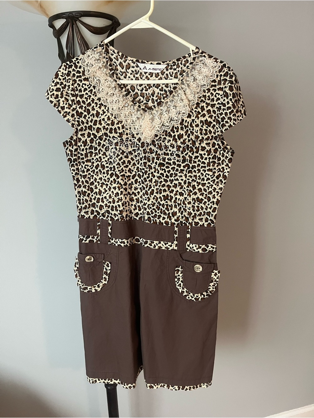 Leopard Print Lace V-Neck Romper in Brown & Cream